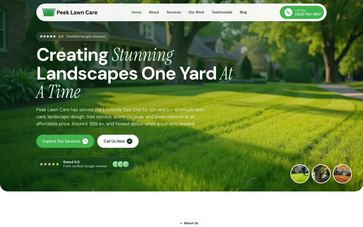 Peek Lawn Care homepage hero: 'Creating Stunning Landscapes One Yard At A Time'